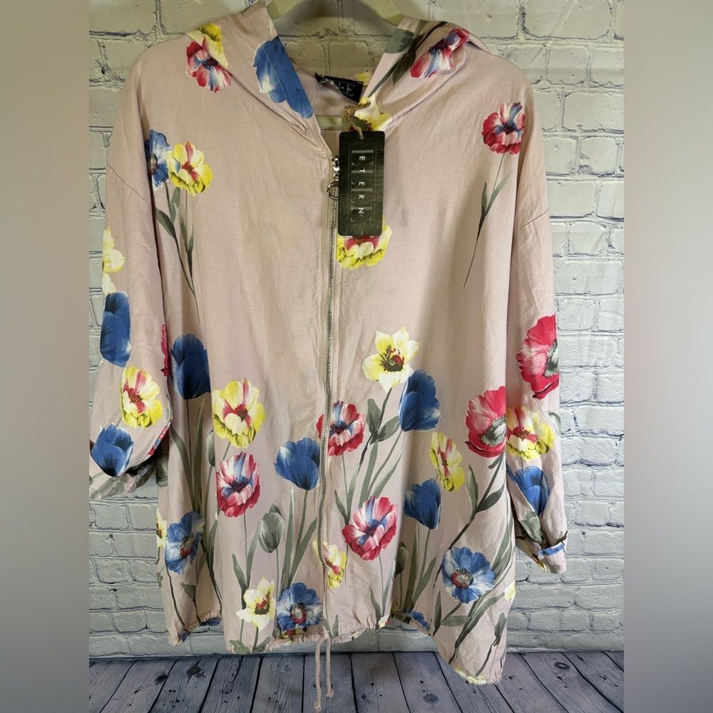NWT Eternelle Italy Pale Pink Lightweight Hooded Floral Lagenlook Jacket L